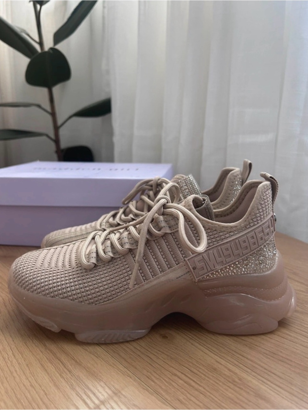 Steve Madden Beige Knit Platform Sneakers with Crystal Heel Accent